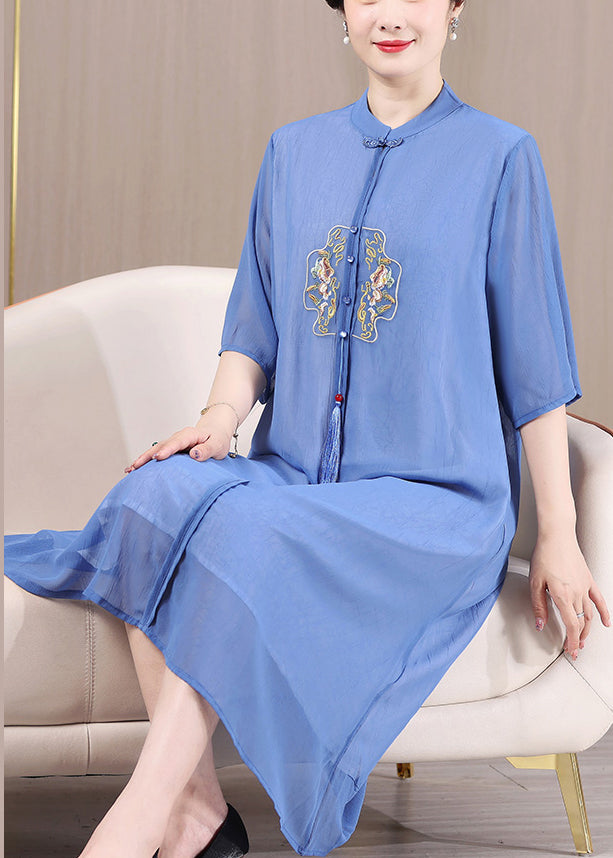 Blue Tasseled Button Patchwork Dresses Summer