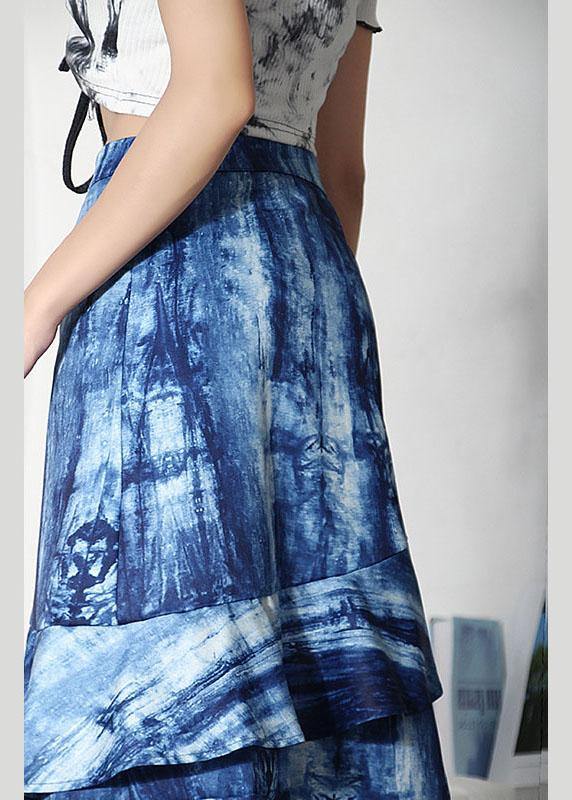 Blue Tie Dye Asymmetrical Design Ruffles Skirts