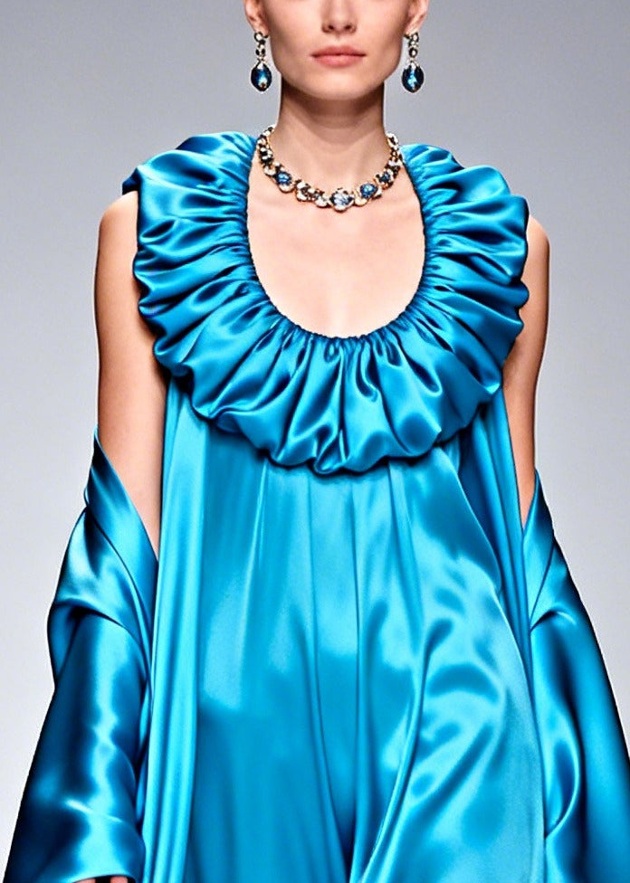 Blue U Neck Patchwork Flower Silk Robe Dresses Summer