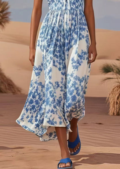 Blue U Neck Print Cotton Holiday Dress Summer