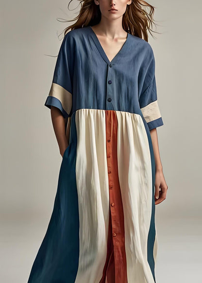 Blue V Neck Button Patchwork Cotton Dresses Summer