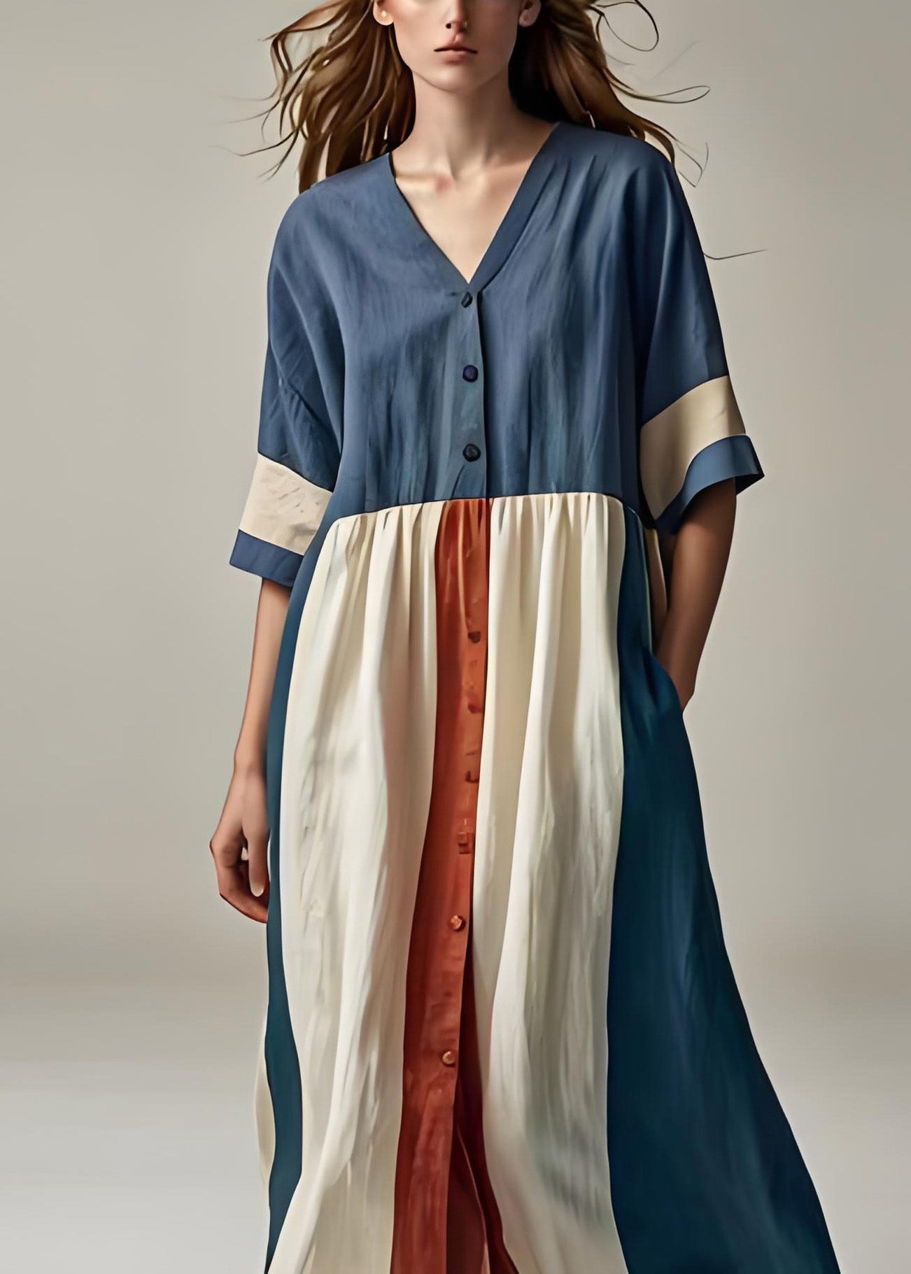 Blue V Neck Button Patchwork Cotton Dresses Summer