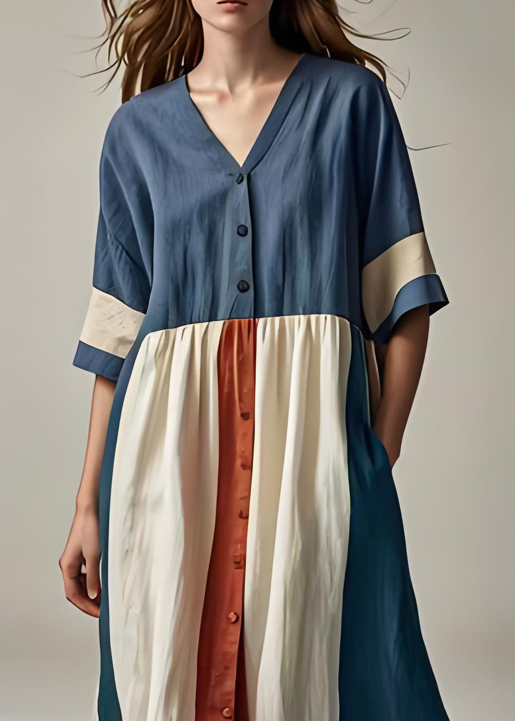 Blue V Neck Button Patchwork Cotton Dresses Summer