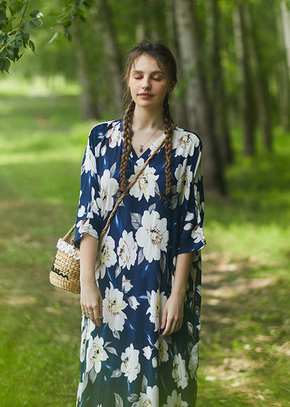 Blue V Neck Cotton Robe Dress Summer