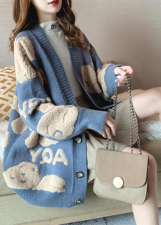 Blue V Neck Jacquard Knit Cardigans Winter