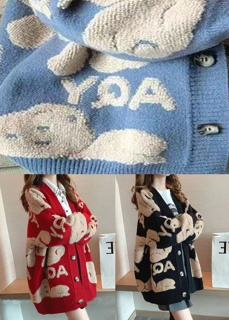Blue V Neck Jacquard Knit Cardigans Winter
