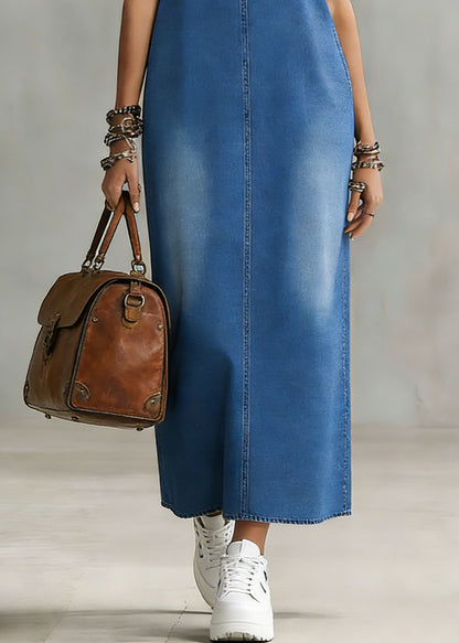 Blue V Neck Patchwork Denim Maxi Spaghetti Strap Dress Sleeveless