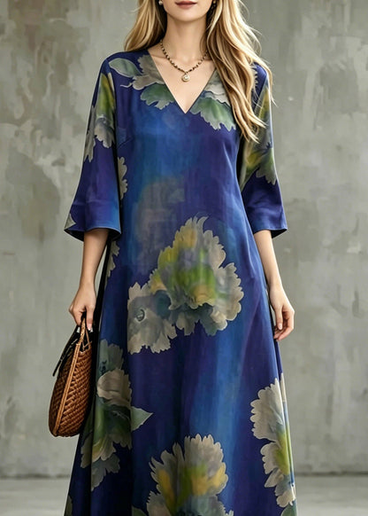 Blue V Neck Patchwork Maxi Dress Half Sleeve