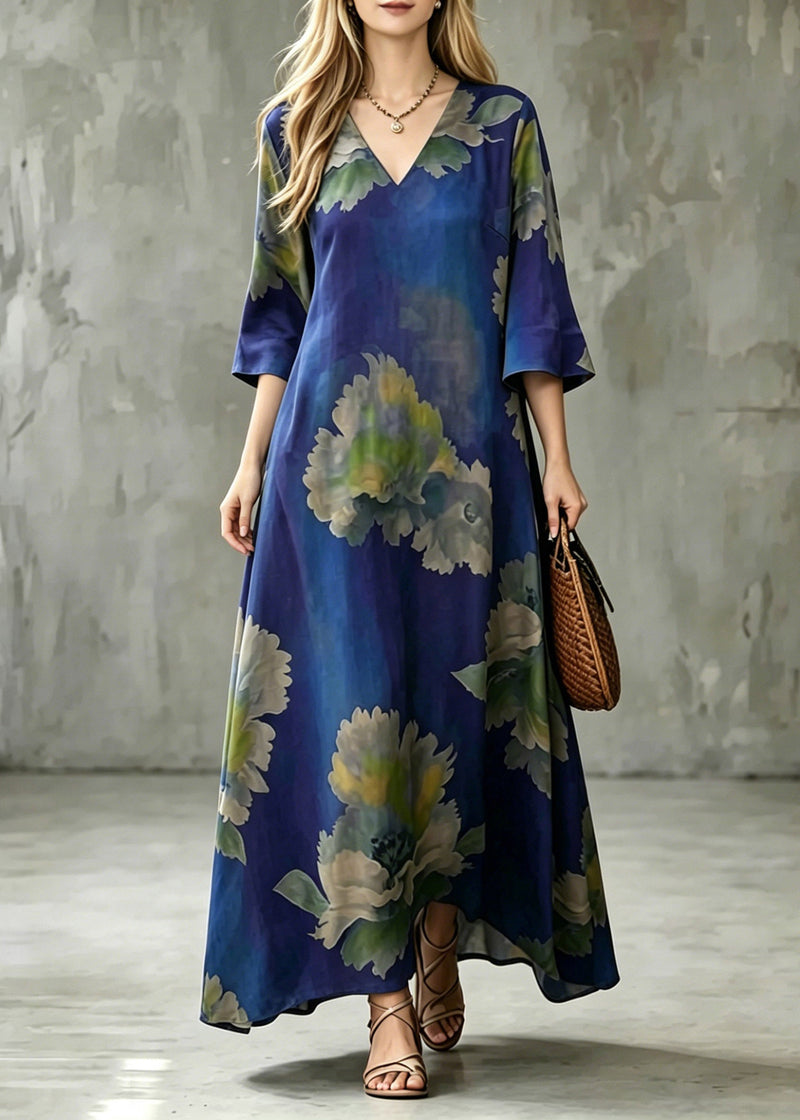 Blue V Neck Patchwork Maxi Dress Half Sleeve