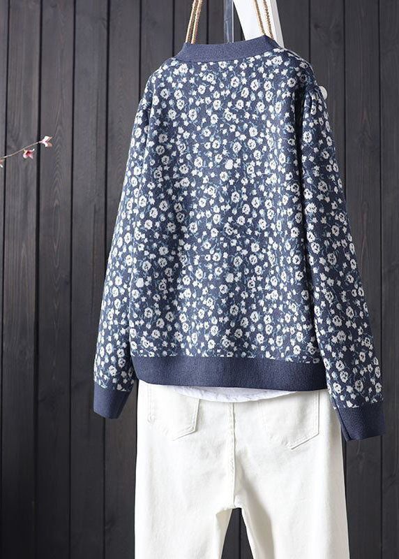 Blue V Neck Print Button Knit Cardigans Spring