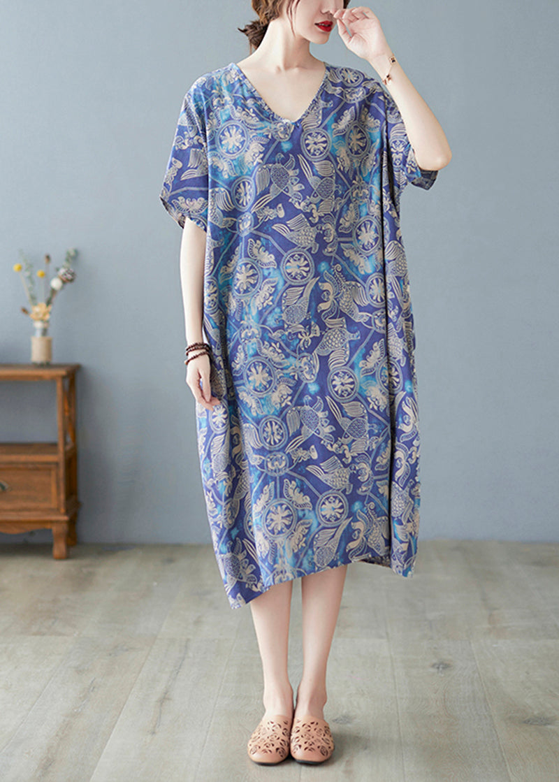 Blue V Neck Print Cotton Holiday Dress Summer