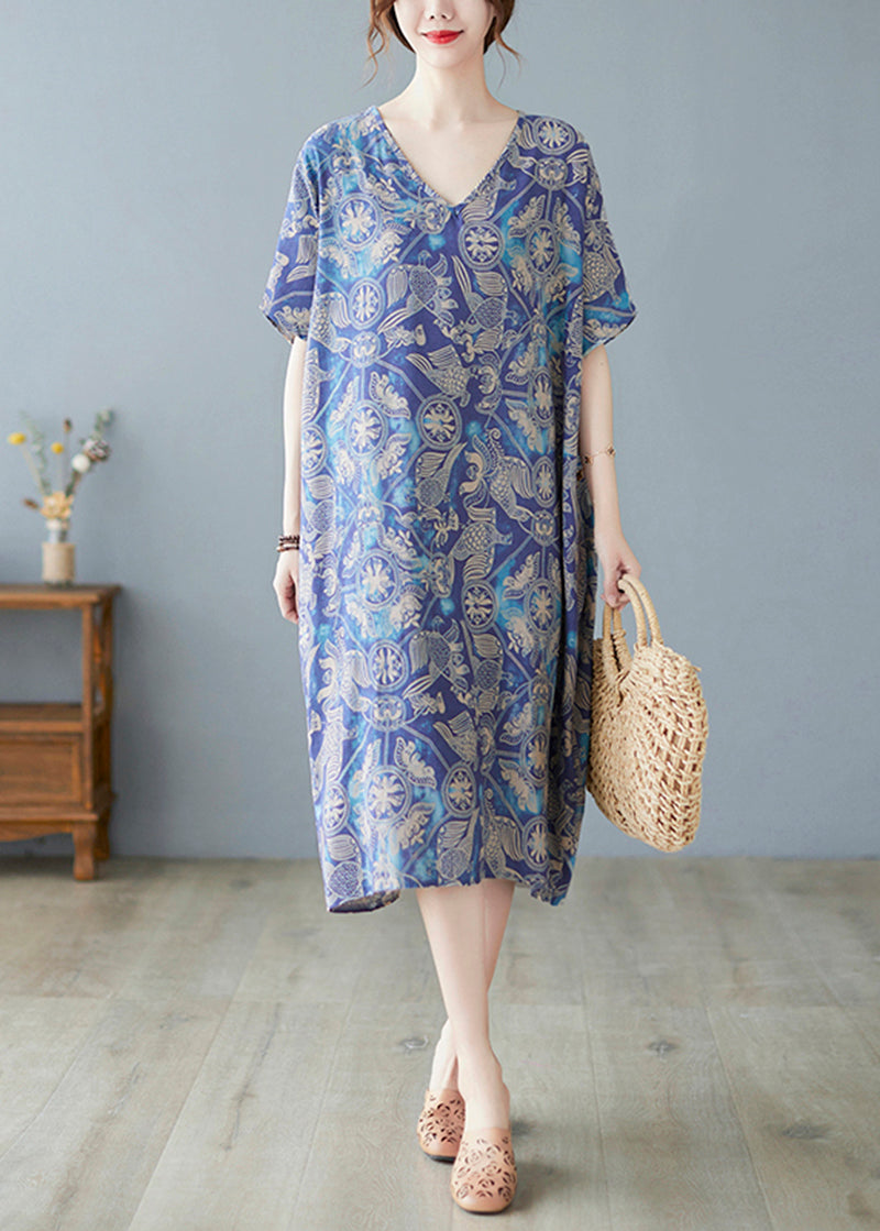 Blue V Neck Print Cotton Holiday Dress Summer