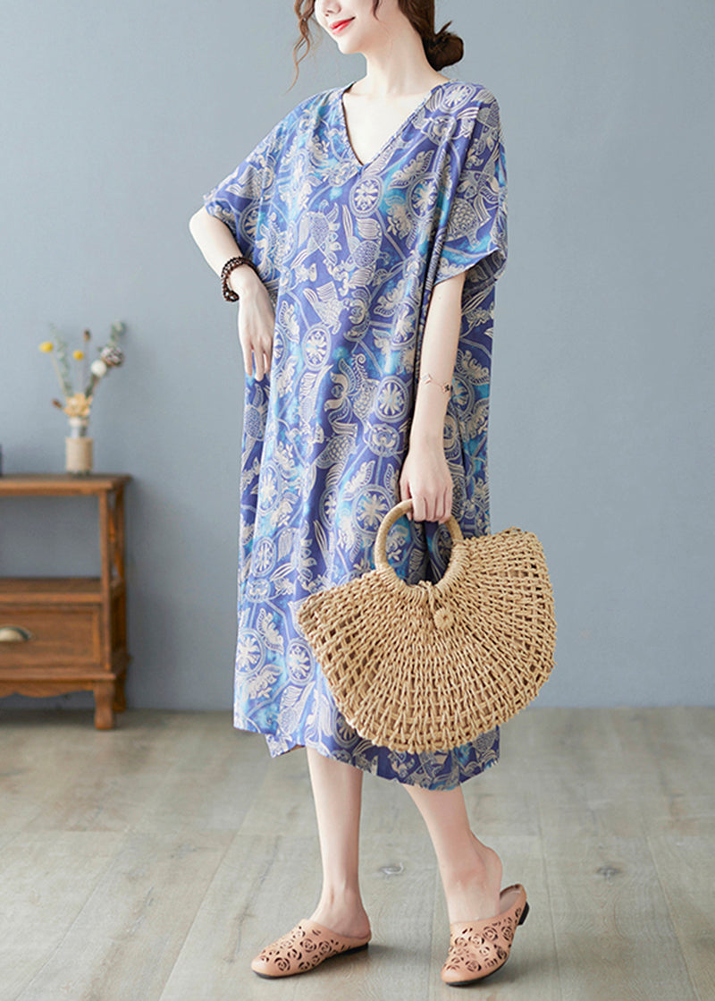 Blue V Neck Print Cotton Holiday Dress Summer