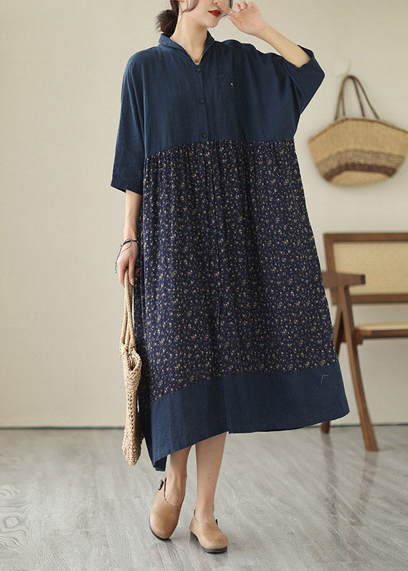 Blue V Neck Print Patchwork Button Cotton Long Dresses Summer