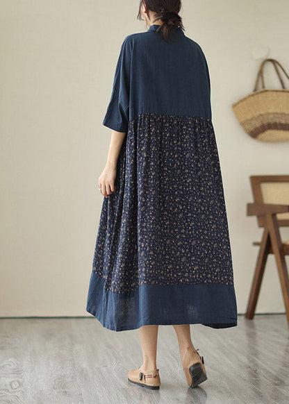 Blue V Neck Print Patchwork Button Cotton Long Dresses Summer