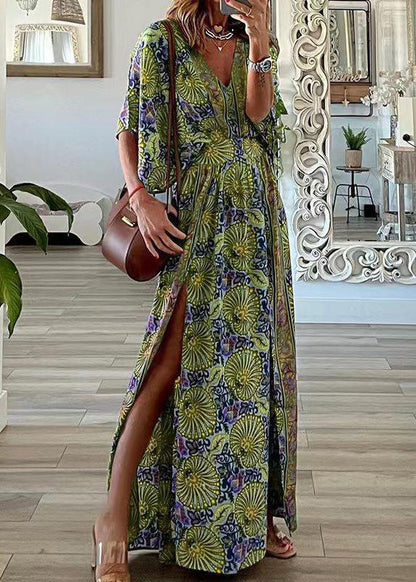 Blue V Neck Print Side Open Cotton Maxi Dresses Summer