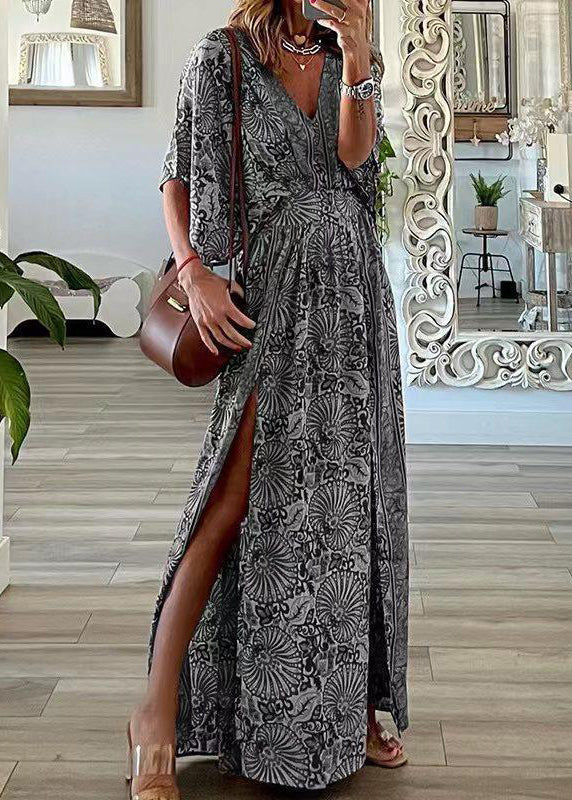 Blue V Neck Print Side Open Cotton Maxi Dresses Summer