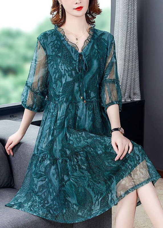 Blue V Neck Print Tulle Holiday Dress Summer