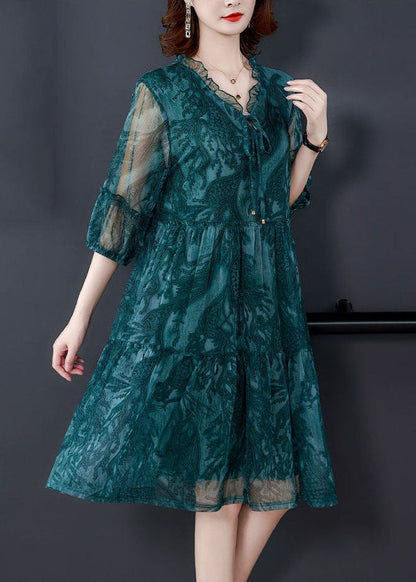 Blue V Neck Print Tulle Holiday Dress Summer