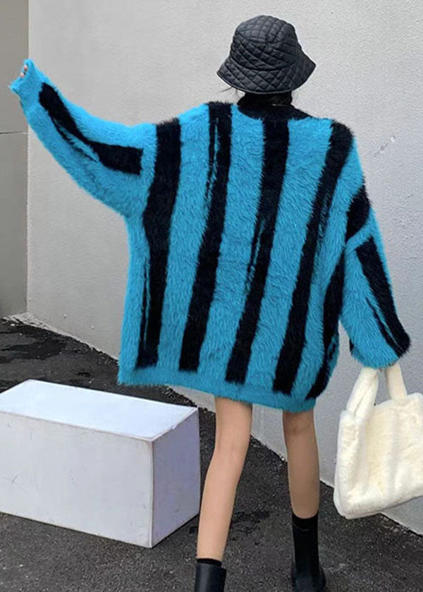 Blue V Neck Striped Mink Hair Knitted Cardigan Winter