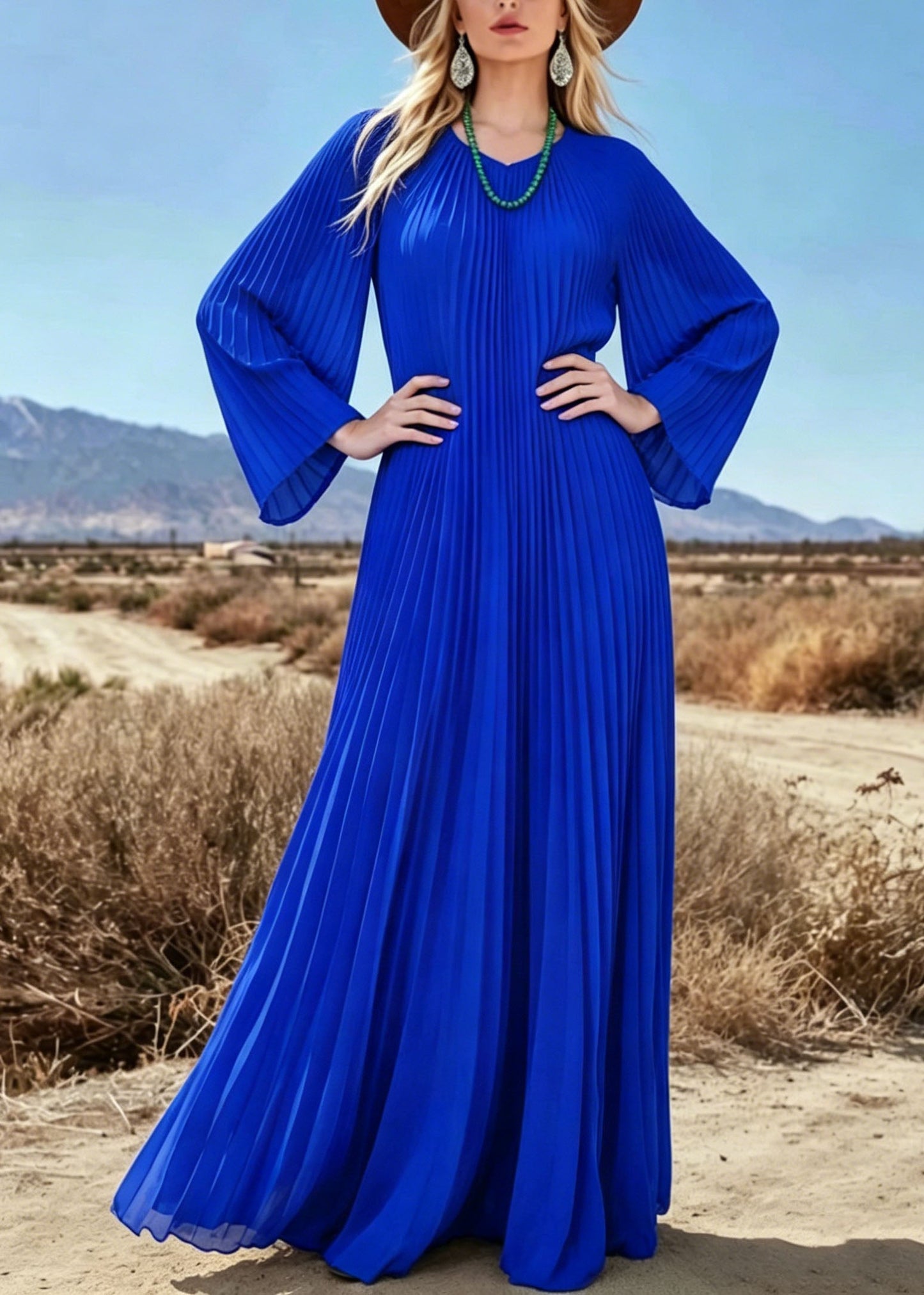 Blue V Neck Wrinkled Chiffon Long Dresses Summer