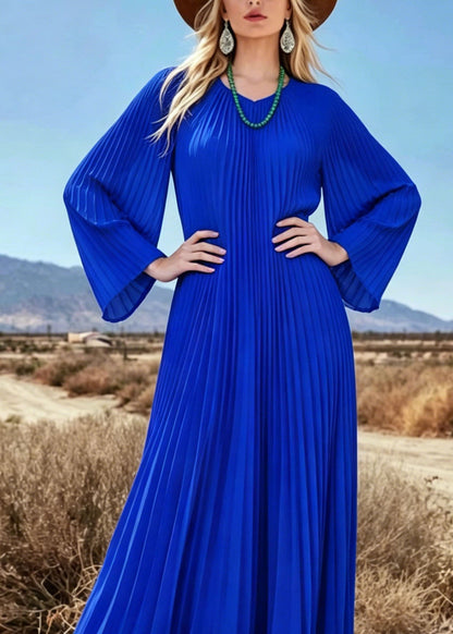 Blue V Neck Wrinkled Chiffon Long Dresses Summer