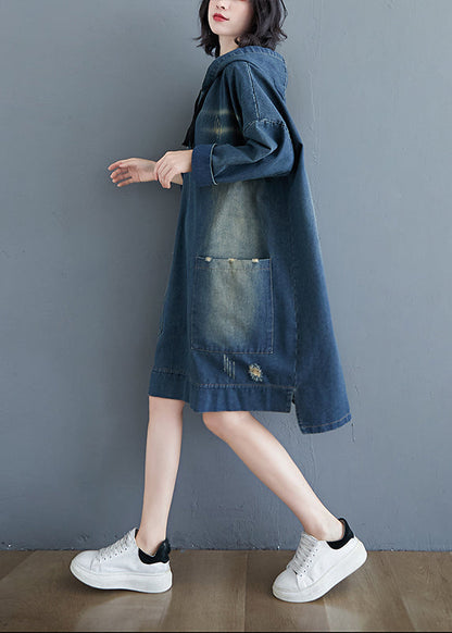 Blue Drawstring Hooded Pocket Denim Dress Long Sleeve
