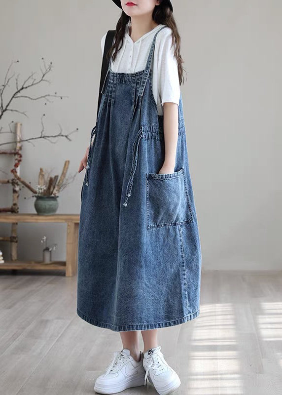 Blue Drawstring Pocket Spaghetti Strap Cotton Denim Dress Spring