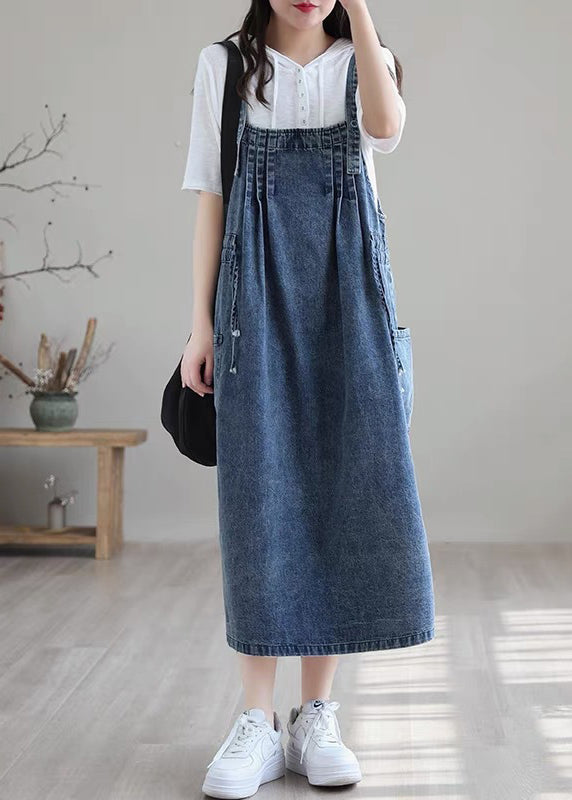 Blue-lace Drawstring Pocket Spaghetti Strap Cotton Denim Dress Spring