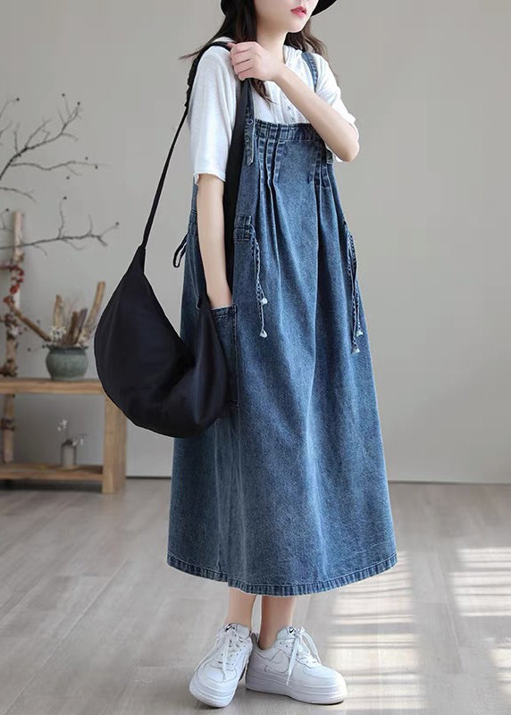 Blue-sunflower Drawstring Pocket Spaghetti Strap Cotton Denim Dress Spring