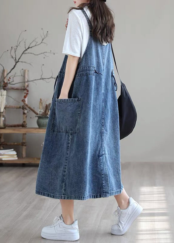 Blue-sunflower Drawstring Pocket Spaghetti Strap Cotton Denim Dress Spring