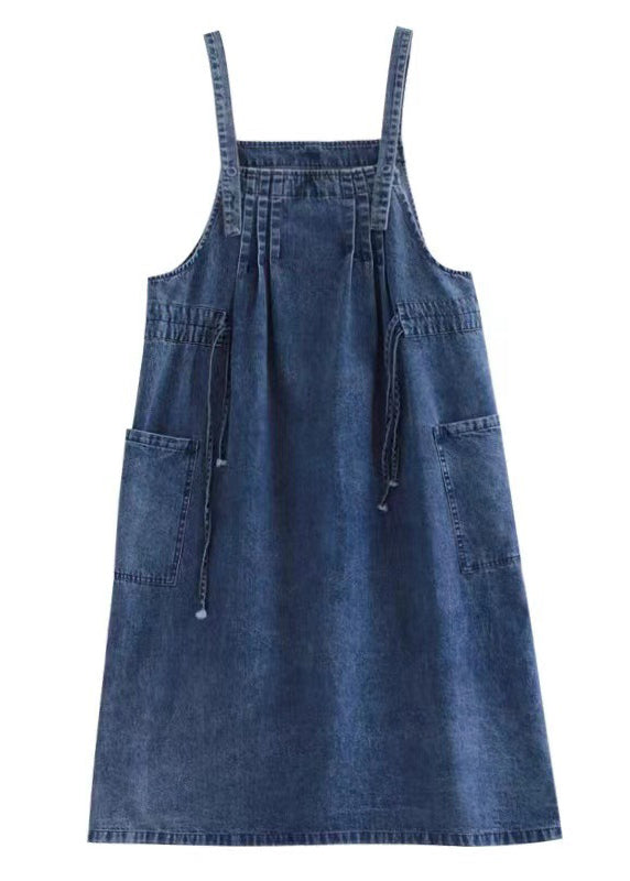 Blue-brown Flower Drawstring Pocket Spaghetti Strap Cotton Denim Dress Spring