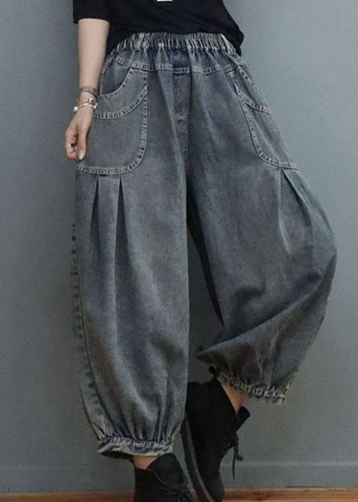 Blue Elastic Waist Pockets Denim Pants Spring