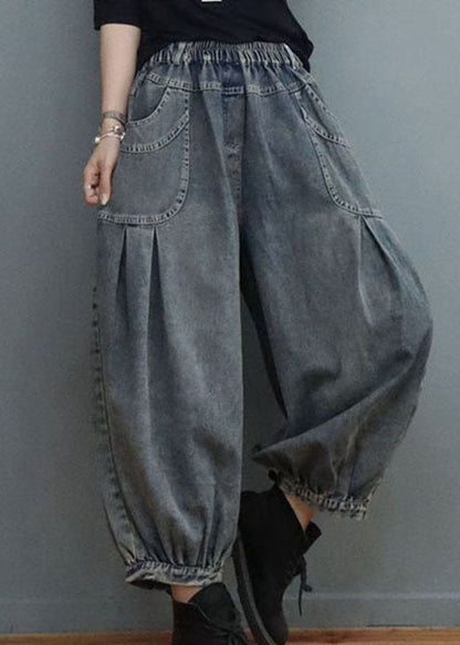 Blue Elastic Waist Pockets Denim Pants Spring