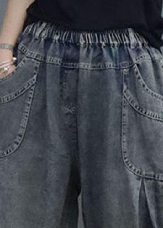 Blue Elastic Waist Pockets Denim Pants Spring