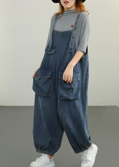 Blue Pockets Cotton Denim Jumpsuit Spring