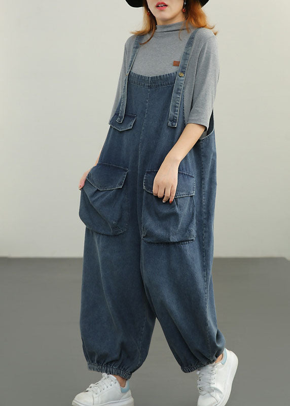 Blue Pockets Cotton Denim Jumpsuit Spring