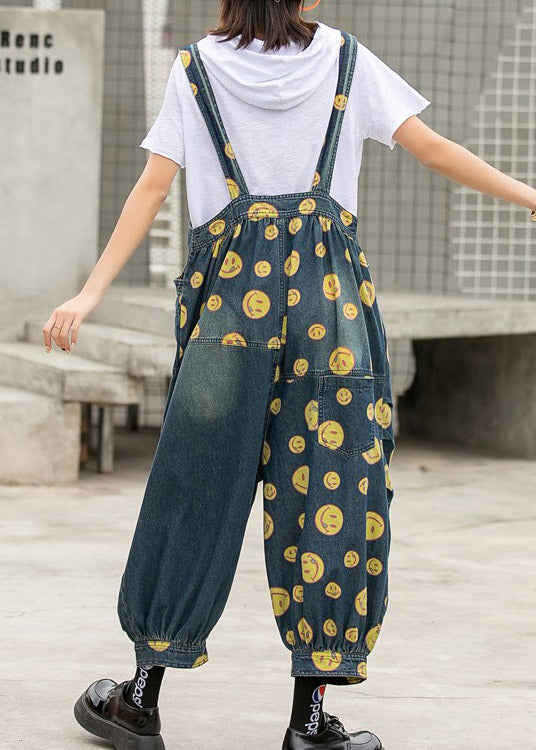 Blue Smile Print Patchwork Pockets Denim Jumpsuit Sleeveless