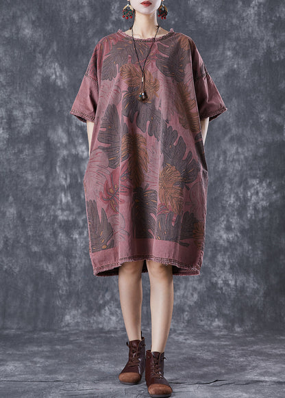 Brick Red O-neck Print Denim Maxi Dresses Summer