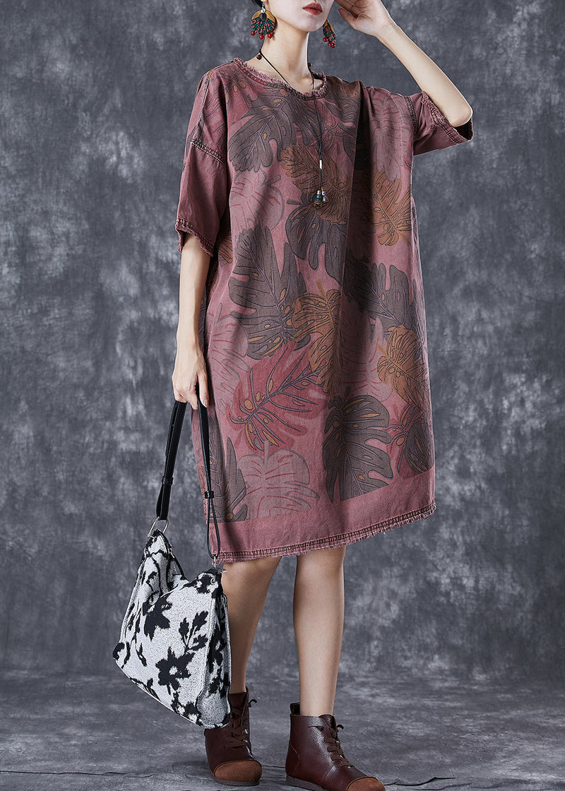 Brick Red O-neck Print Denim Maxi Dresses Summer