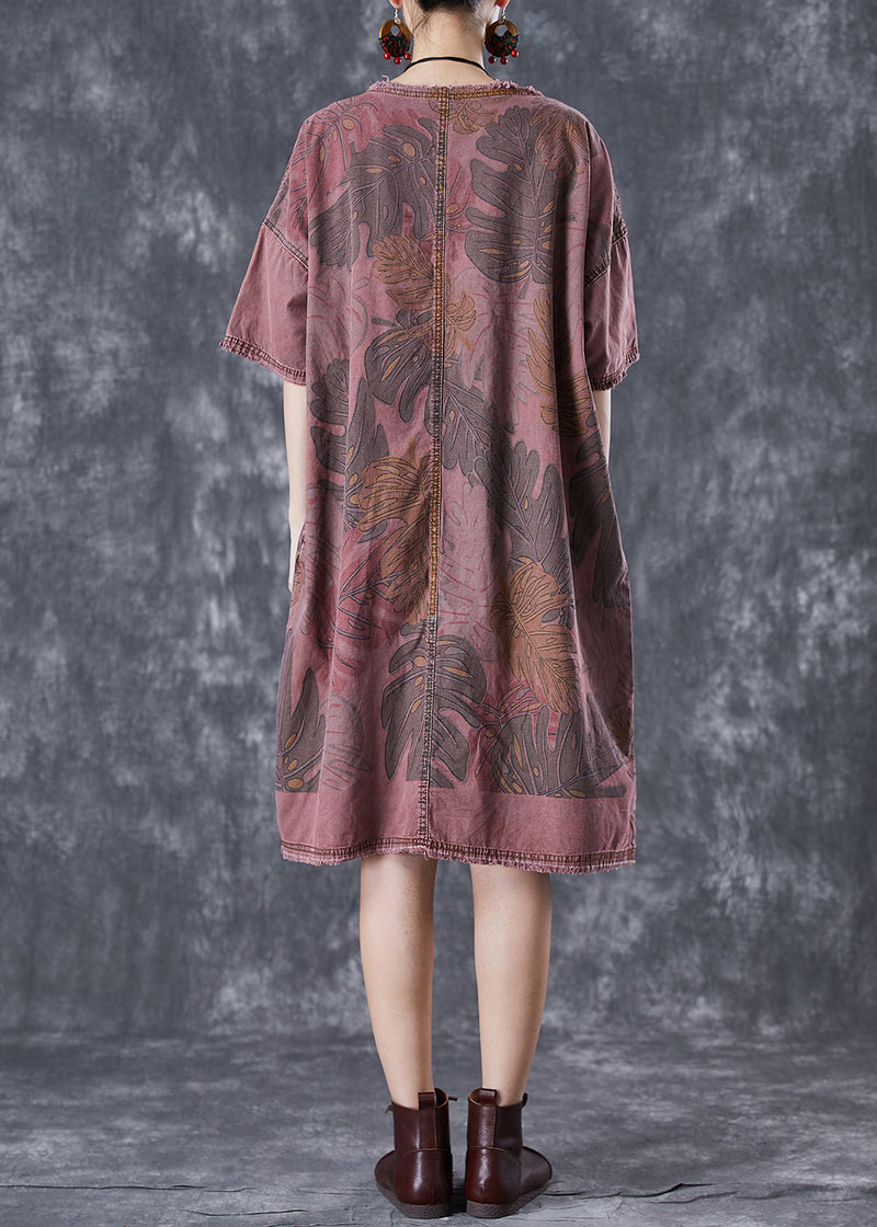 Brick Red O-neck Print Denim Maxi Dresses Summer