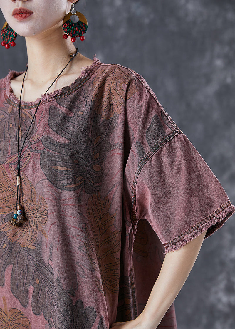Brick Red O-neck Print Denim Maxi Dresses Summer