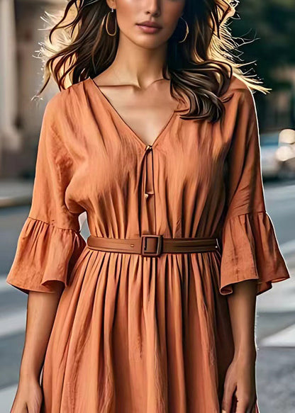 Brick Red V Neck Tie Waist Cotton Long Dresses Summer