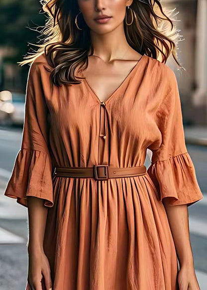 Brick Red V Neck Tie Waist Cotton Long Dresses Summer