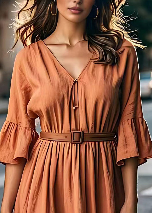 Brick Red V Neck Tie Waist Cotton Long Dresses Summer