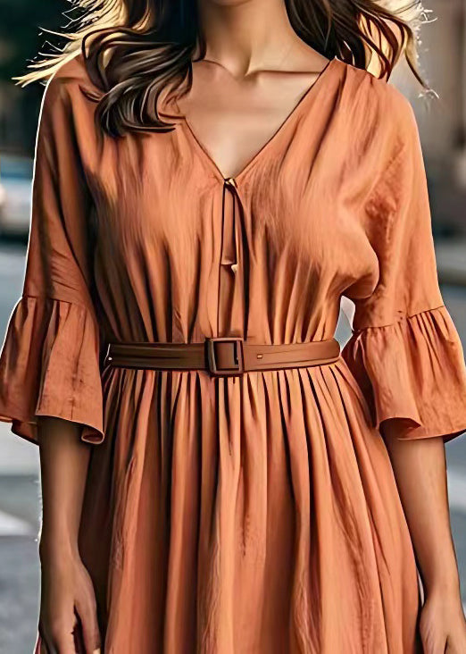 Brick Red V Neck Tie Waist Cotton Long Dresses Summer