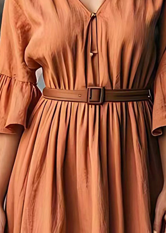 Brick Red V Neck Tie Waist Cotton Long Dresses Summer