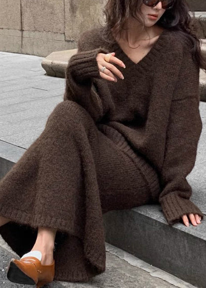 Brown Cozy Cotton Knit Sweaters and Maxi Skirts Two Pieces Set Spring