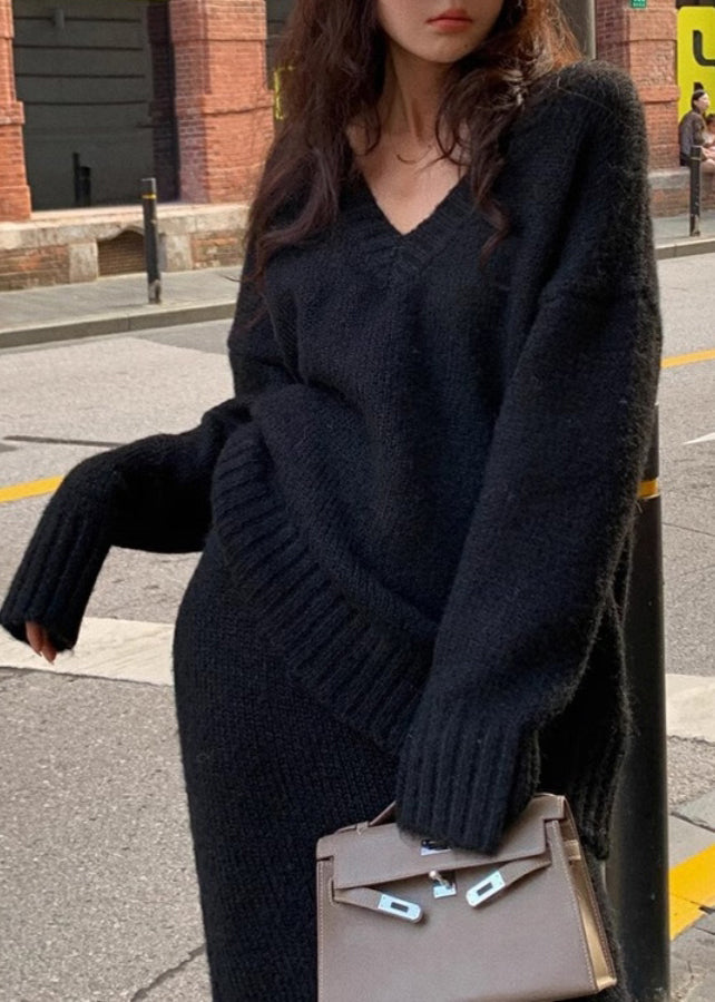 Brown Cozy Cotton Knit Sweaters and Maxi Skirts Two Pieces Set Spring