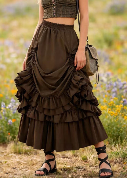 Brown Drawstring Ruffled Patchwork Cotton Skirt Spring